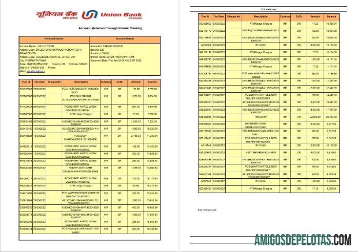 Extrato bancário do India Union Bank Of India, exemplo de 2 páginas
